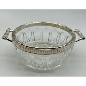 Vintage Mid Century Reims France Cut Glass Crystal Bowl w/ Italy Silverplate Rim